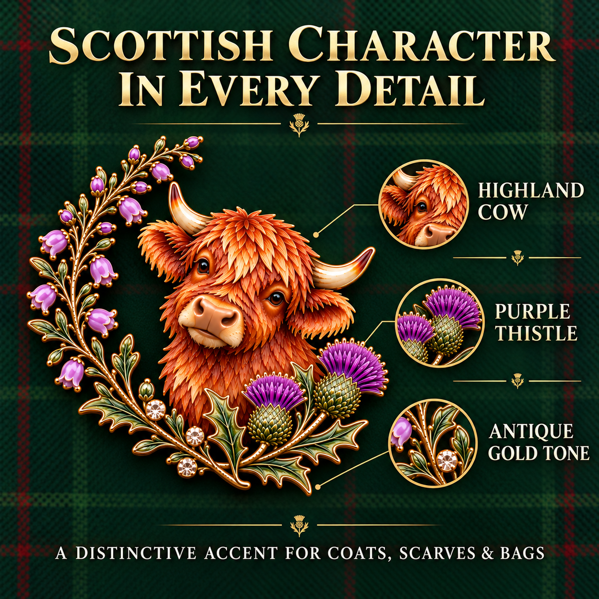 🐮Vache des Highlands et chardon 🏴󠁧󠁢󠁳󠁣󠁴󠁿 Broche en émail « Scottish Heritage »