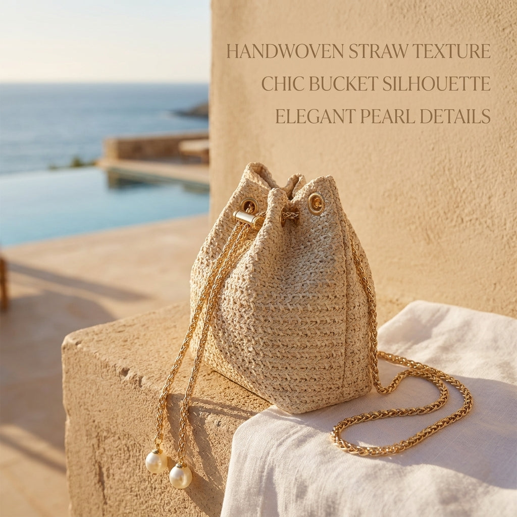 Sac seau en paille tressée avec chaîne à cordon pour femme  – Nouveau style d'été, navette, style coréen, sac à bandoulière uni simple