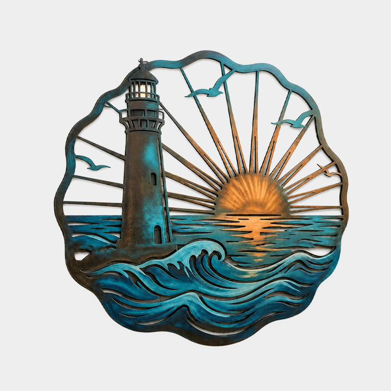 🌅 Fresque murale « Golden Harbour Lighthouse » – Décoration murale vintage en métal, style côtier⚓