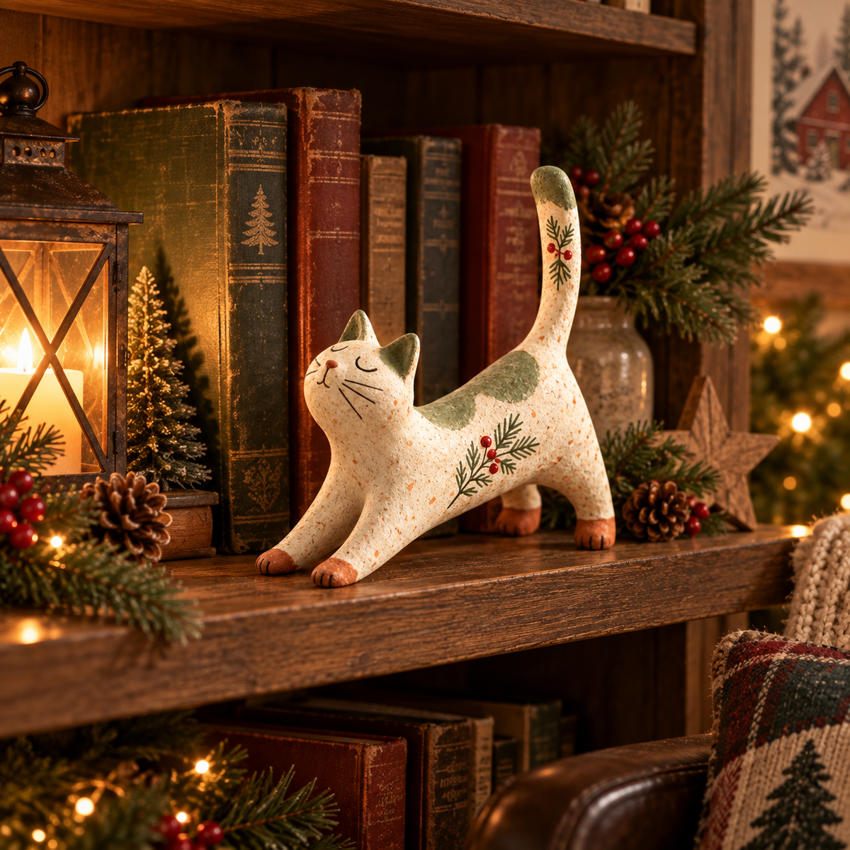 Figurine de chat de Noël sur le thème de la forêt