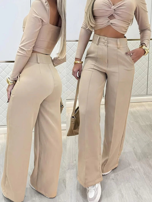 💃DERNIER JOUR 50 % DE RÉDUCTION !!✨Élégant ensemble composé d'un haut court et d'un pantalon large pour femmes