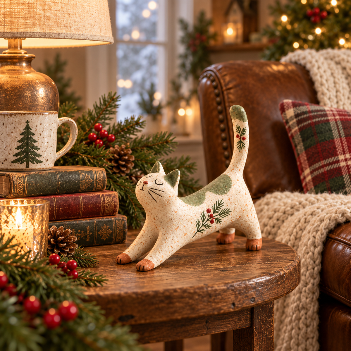 Figurine de chat de Noël sur le thème de la forêt