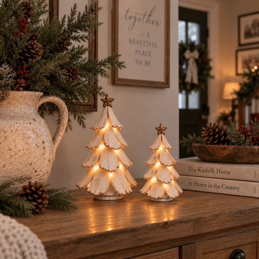 🎄✨ Figurine vintage de sapin de Noël illuminé — Décoration de Noël en céramique avec LED chaleureuses