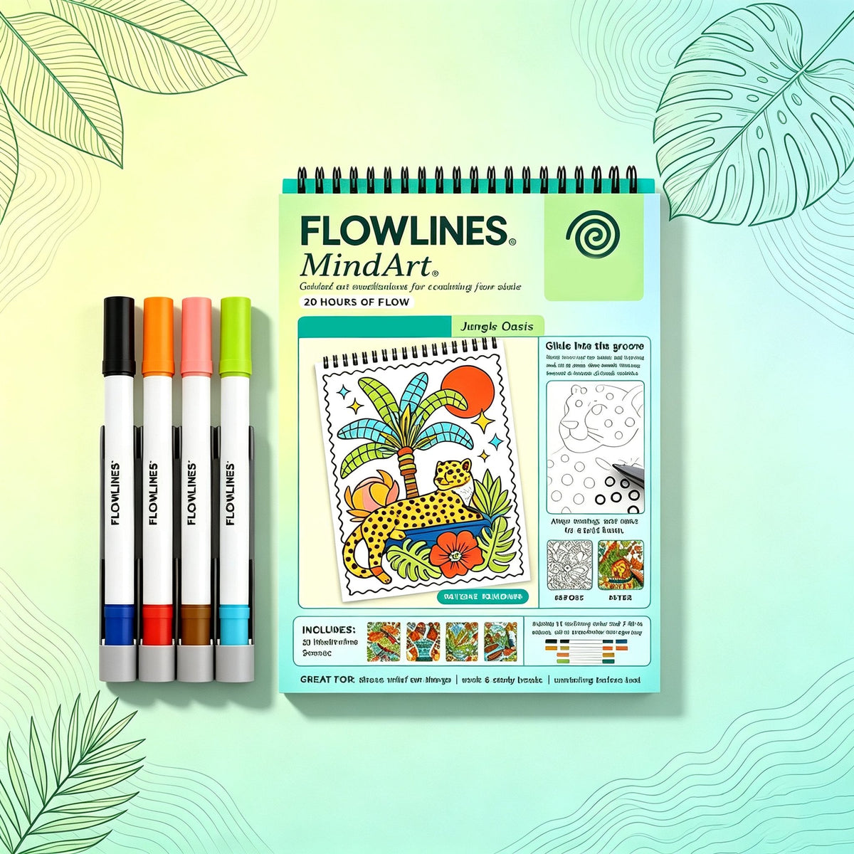🌿  Cahier de coloriage « Flow Art » avec instructions et feutres double face 🎨