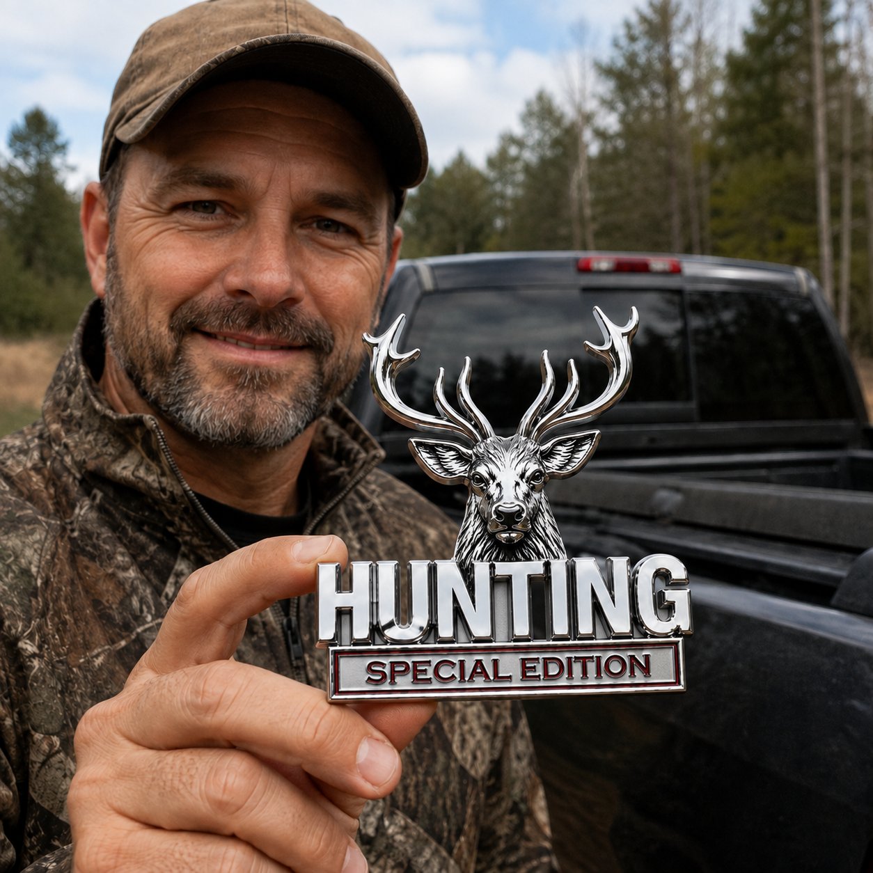 🦌 Emblème « HUNTING » Édition spéciale – Insigne automobile haut de gamme en métal 3D pour les passionnés de chasse