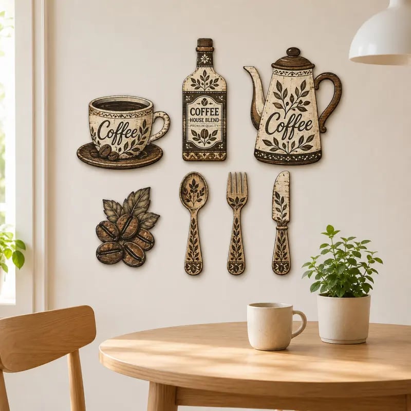 ☕Lot de 7 décorations murales en bois sur le thème du café pour la cuisine – Décor mural vintage de style fermier sur le thème du café