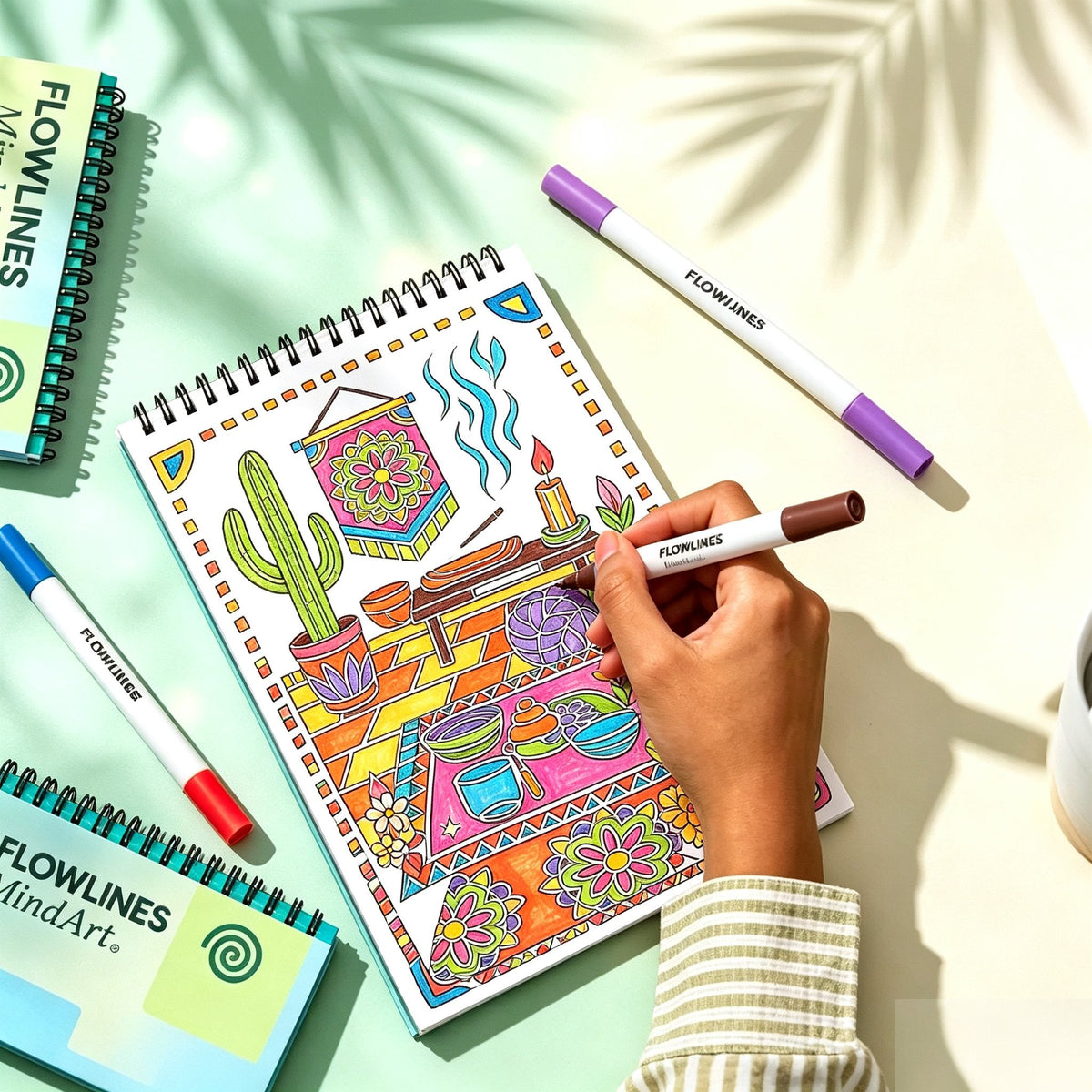 🌿  Cahier de coloriage « Flow Art » avec instructions et feutres double face 🎨