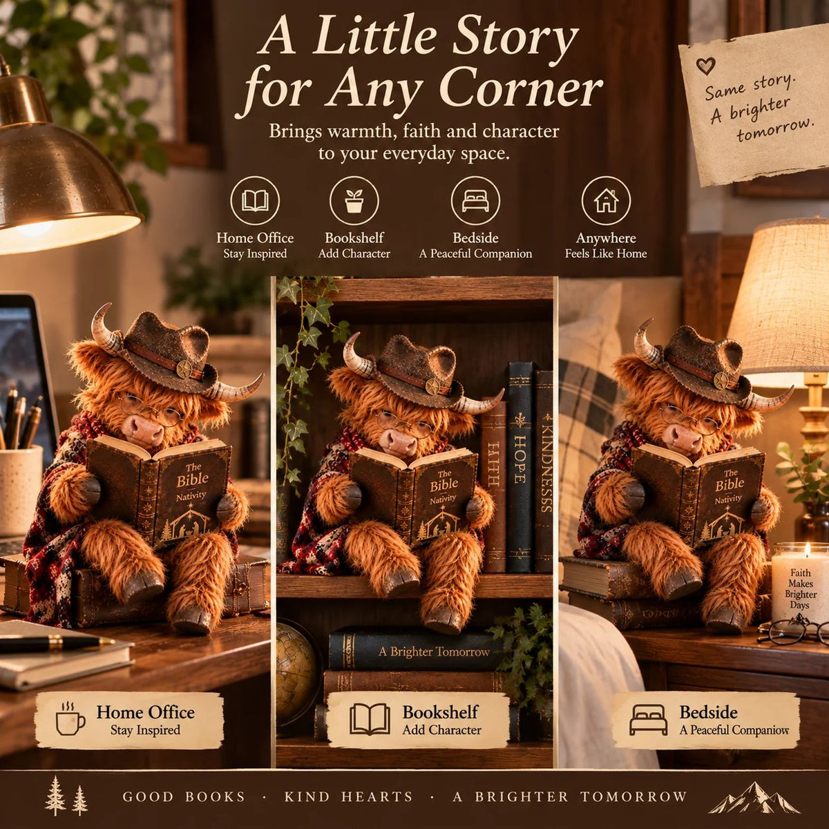 ⏳ Dernier jour : 49 % de réduction – 🐮 Figurine « Highland Cow Christmas Reader » – Cadeau pour les passionnés de lecture, inspiré par la foi