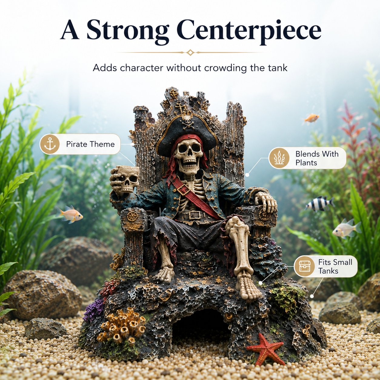 🌊☠️Décoration pour aquarium : grotte-repaire avec trône de squelette de pirate sous-marin