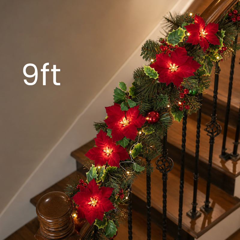 😍 🎄 Guirlande lumineuse « Étoile de Noël » – Guirlande LED de 2 m aux couleurs chaudes, ornée de fleurs rouges et de feuilles de houx