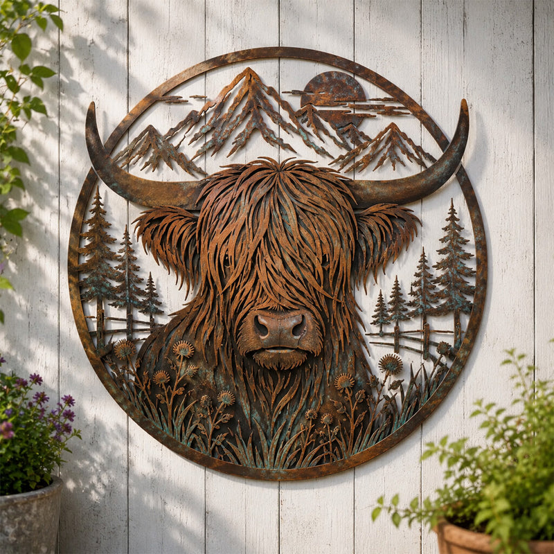 Tableau mural en métal représentant une vache des Highlands dans un paysage de montagne