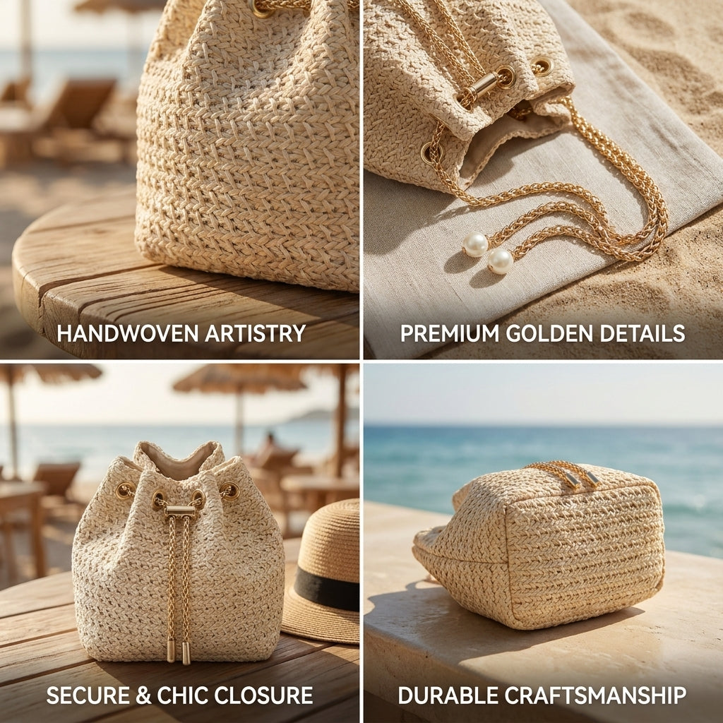 Sac seau en paille tressée avec chaîne à cordon pour femme  – Nouveau style d'été, navette, style coréen, sac à bandoulière uni simple