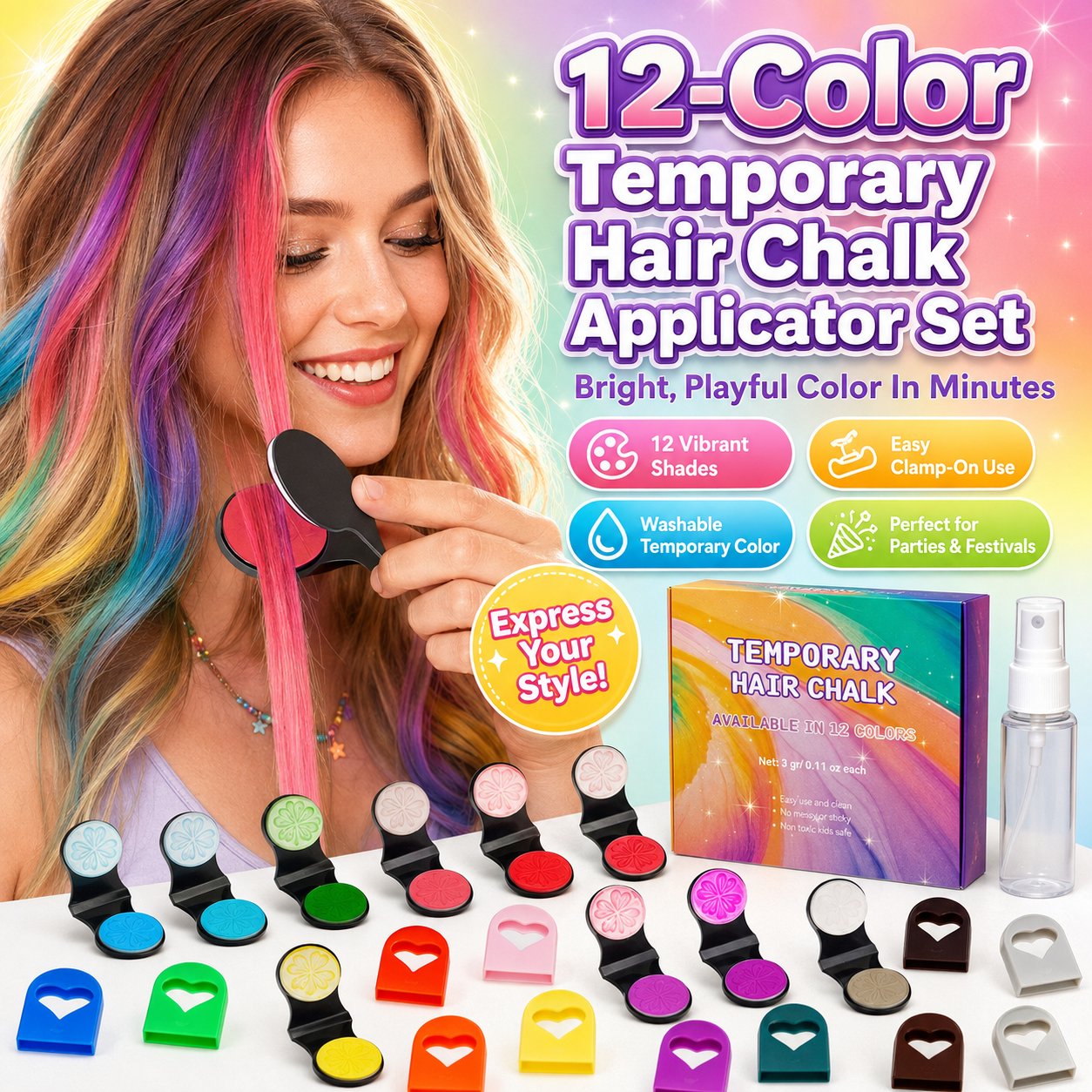 🔥Dernier jour : 50 % de réduction - 🌈 Kit d'applicateurs de craies capillaires temporaires, 12 couleurs