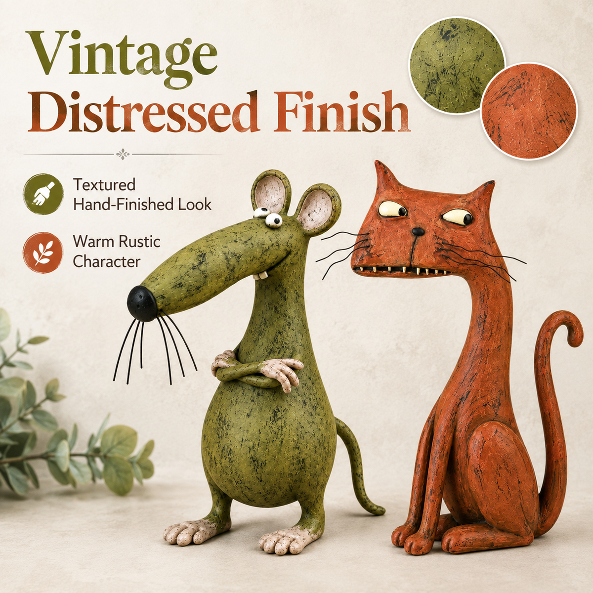 Figurine vintage fantaisiste représentant une souris et un chat