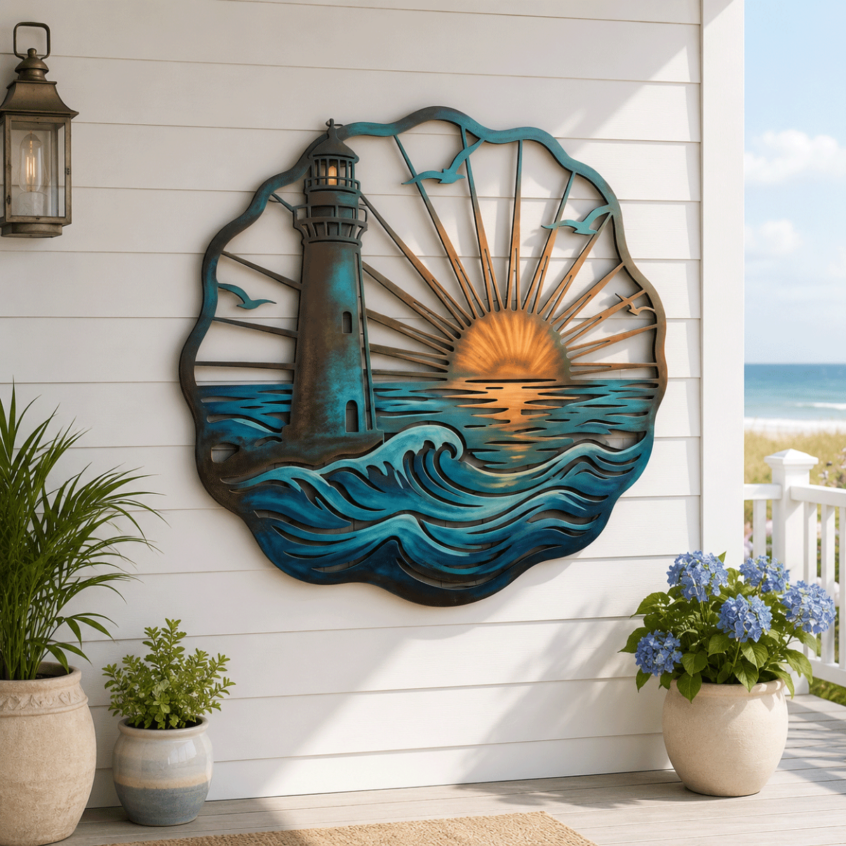 🌅 Fresque murale « Golden Harbour Lighthouse » – Décoration murale vintage en métal, style côtier⚓