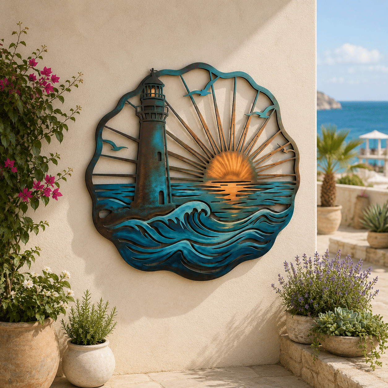 🌅 Fresque murale « Golden Harbour Lighthouse » – Décoration murale vintage en métal, style côtier⚓