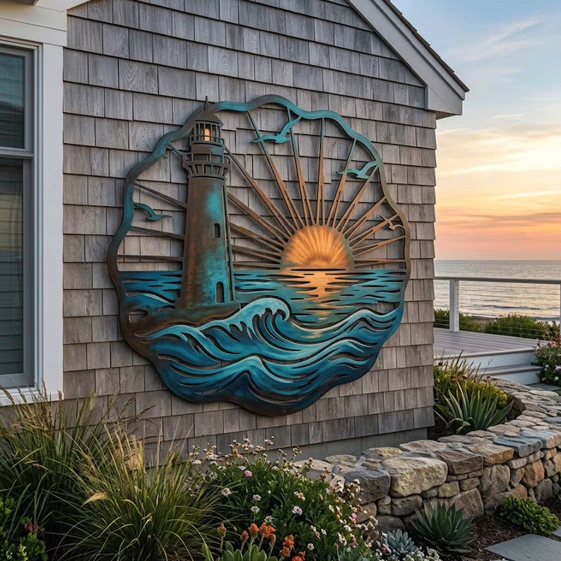 🌅 Fresque murale « Golden Harbour Lighthouse » – Décoration murale vintage en métal, style côtier⚓