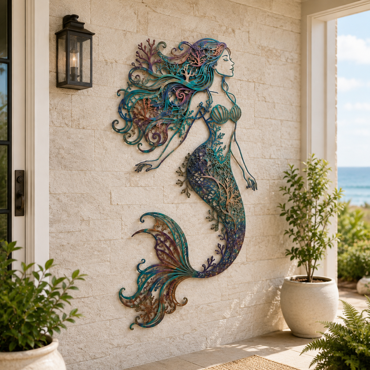 🧜Fresque murale « Deep Sea Mermaid Dream » – 🌊 Décoration murale vintage en métal ajouré sur le thème de l'océan