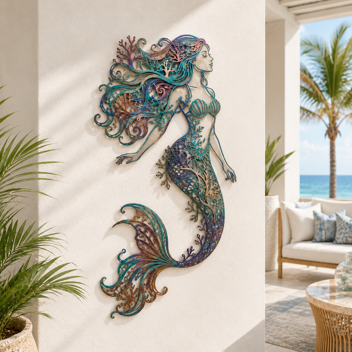 🧜Fresque murale « Deep Sea Mermaid Dream » – 🌊 Décoration murale vintage en métal ajouré sur le thème de l'océan