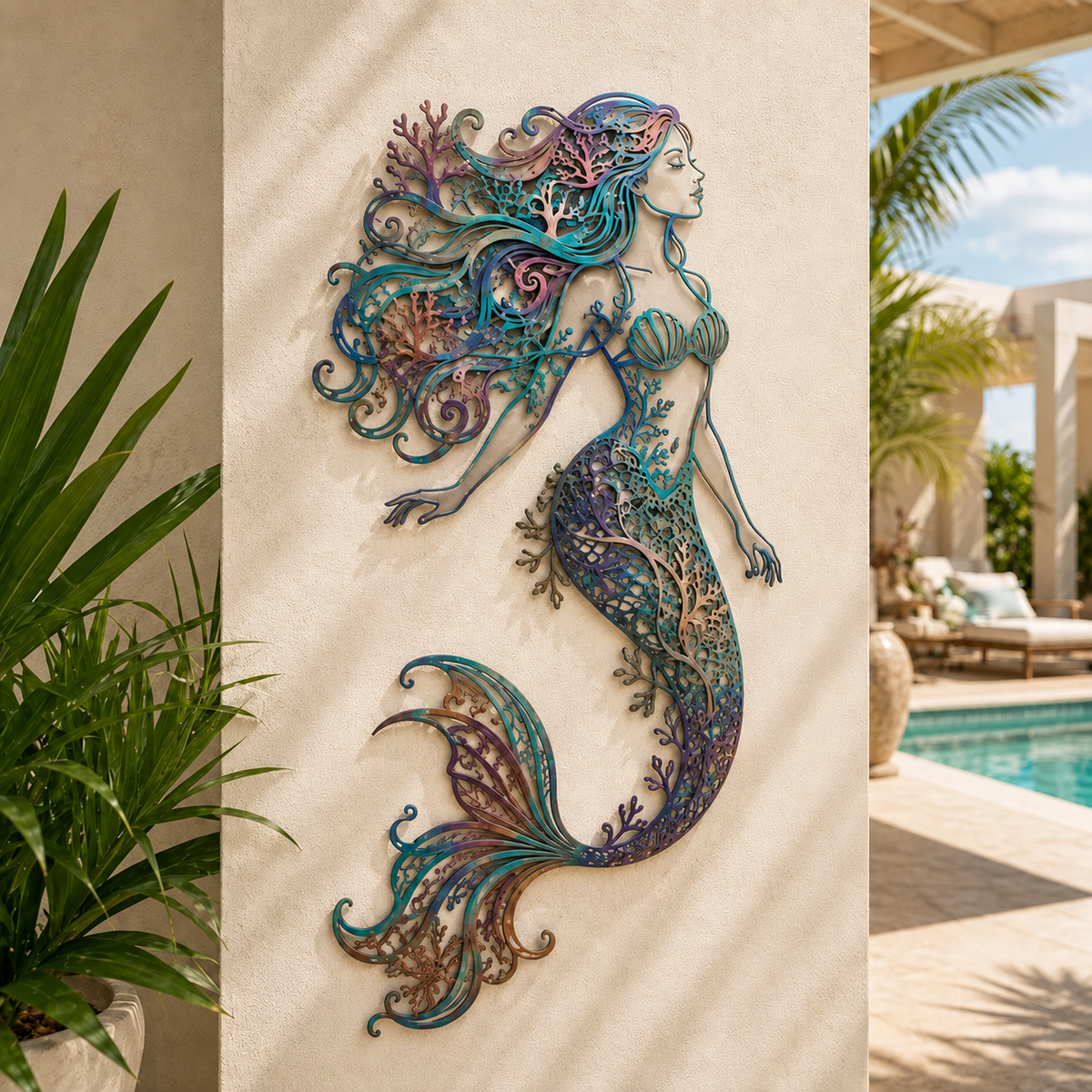 🧜Fresque murale « Deep Sea Mermaid Dream » – 🌊 Décoration murale vintage en métal ajouré sur le thème de l'océan