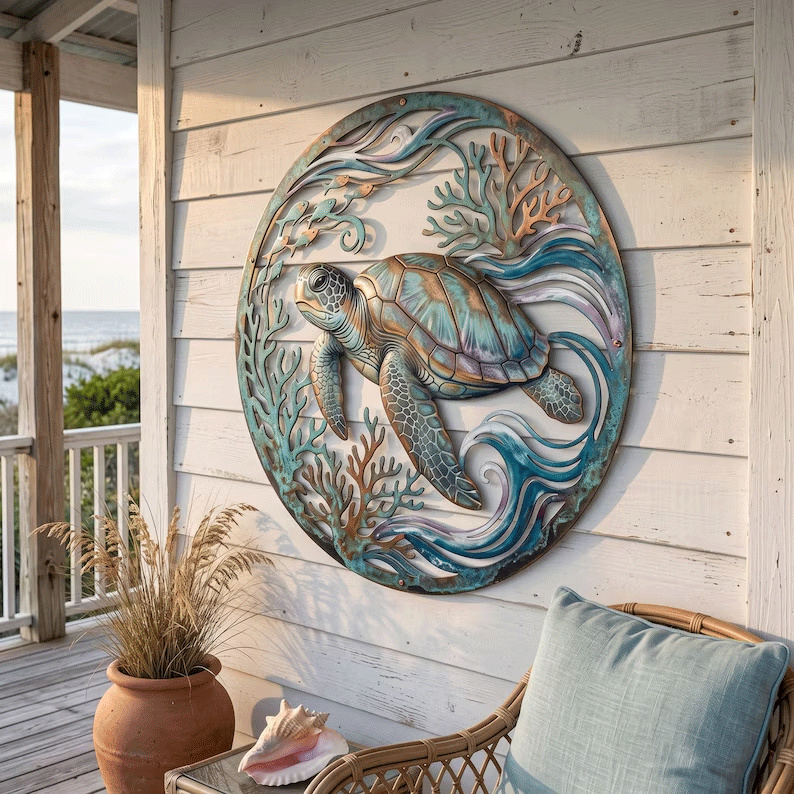 🌅 Fresque murale « Golden Harbour Lighthouse » – Décoration murale vintage en métal, style côtier⚓