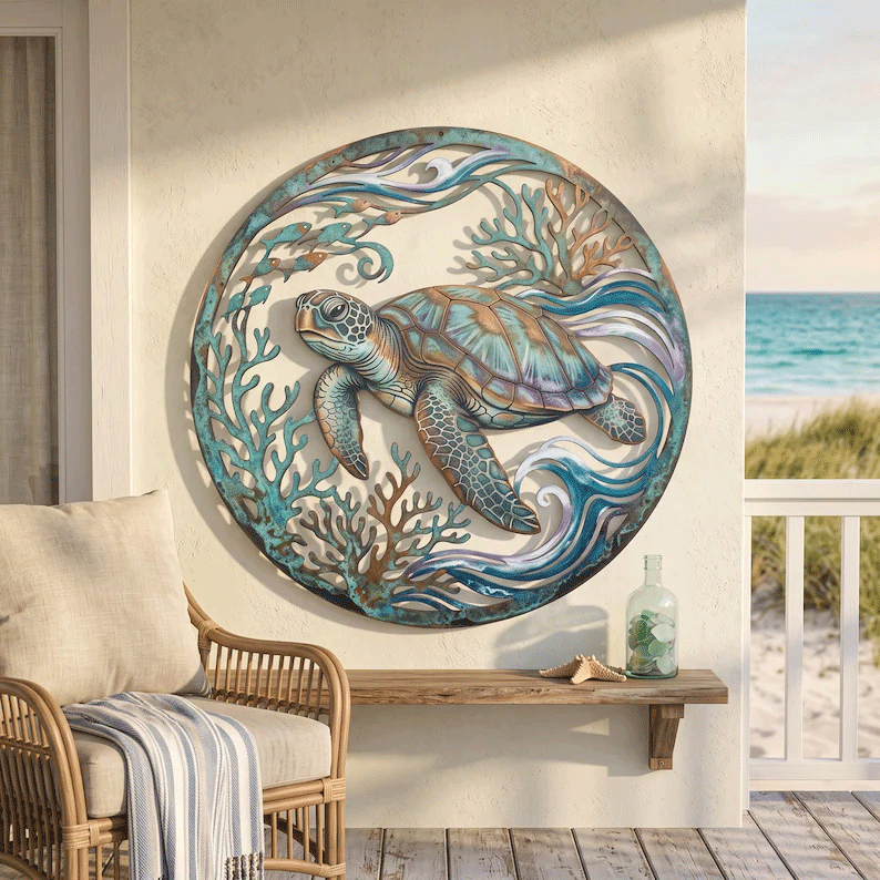 🌅 Fresque murale « Golden Harbour Lighthouse » – Décoration murale vintage en métal, style côtier⚓
