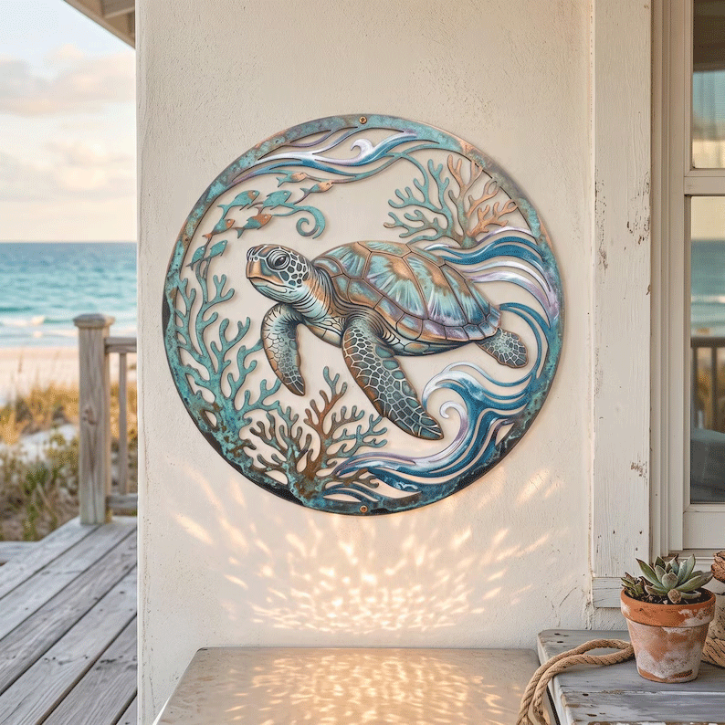 🌅 Fresque murale « Golden Harbour Lighthouse » – Décoration murale vintage en métal, style côtier⚓