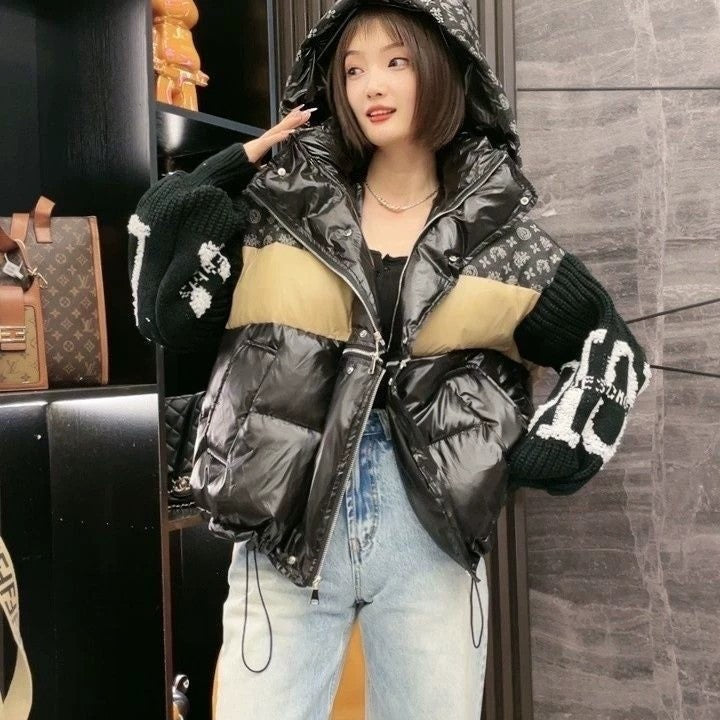 Doudoune pour femme avec col en jean patchwork et capuche