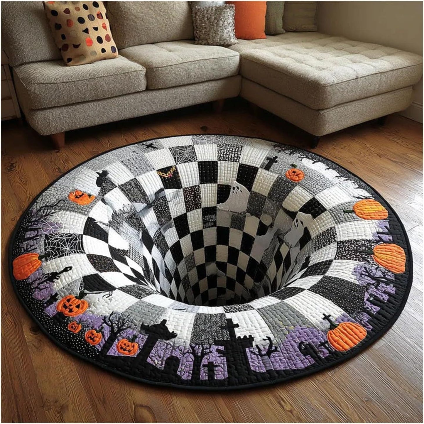 Tapis rond matelassé 3D avec motif de tourbillon de squelettes