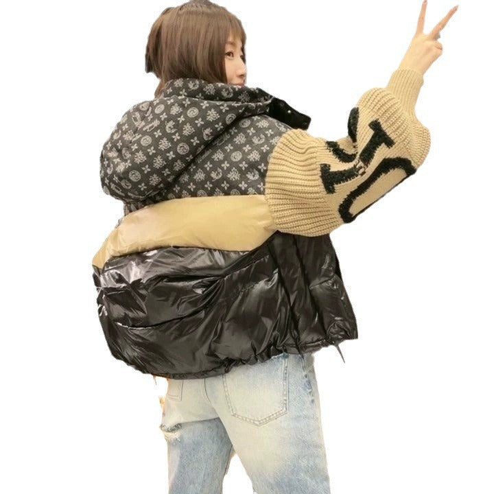 Doudoune pour femme avec col en jean patchwork et capuche