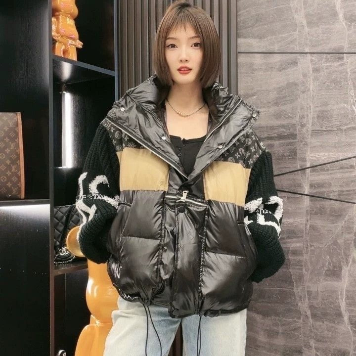 Doudoune pour femme avec col en jean patchwork et capuche