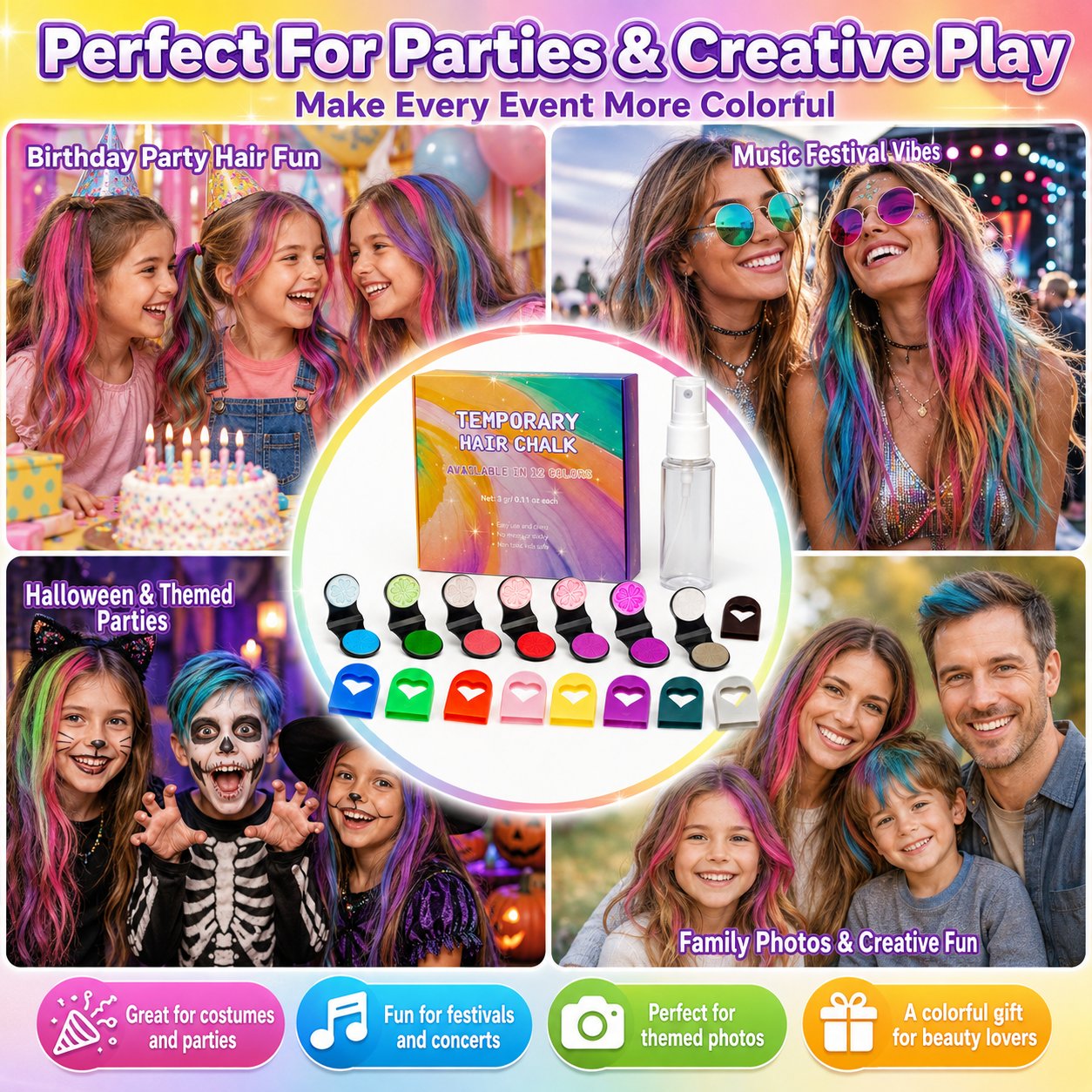 🔥Dernier jour : 50 % de réduction - 🌈 Kit d'applicateurs de craies capillaires temporaires, 12 couleurs