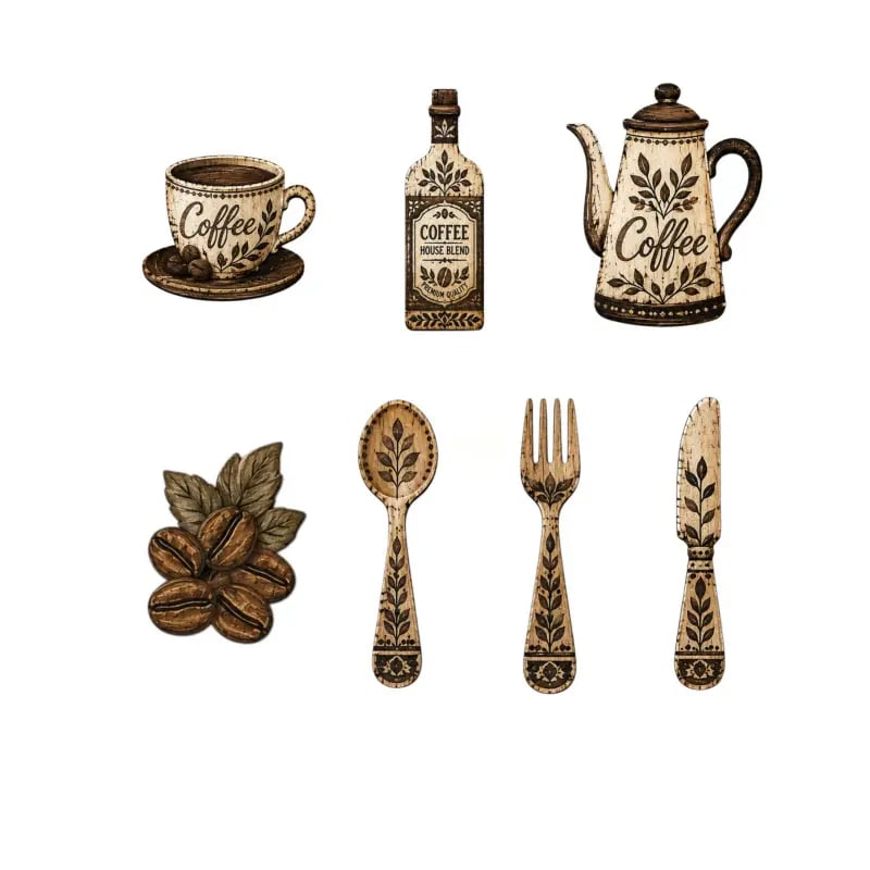 ☕Lot de 7 décorations murales en bois sur le thème du café pour la cuisine – Décor mural vintage de style fermier sur le thème du café