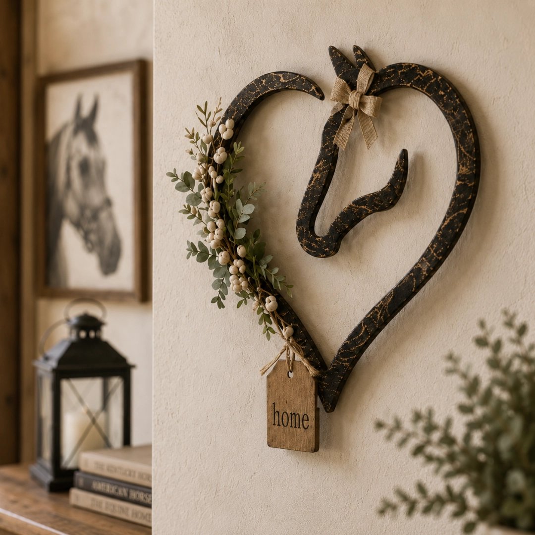 Décoration murale rustique en forme de cœur de cheval avec de la verdure – Objet de décoration pour la maison dans un style fermier et équestre