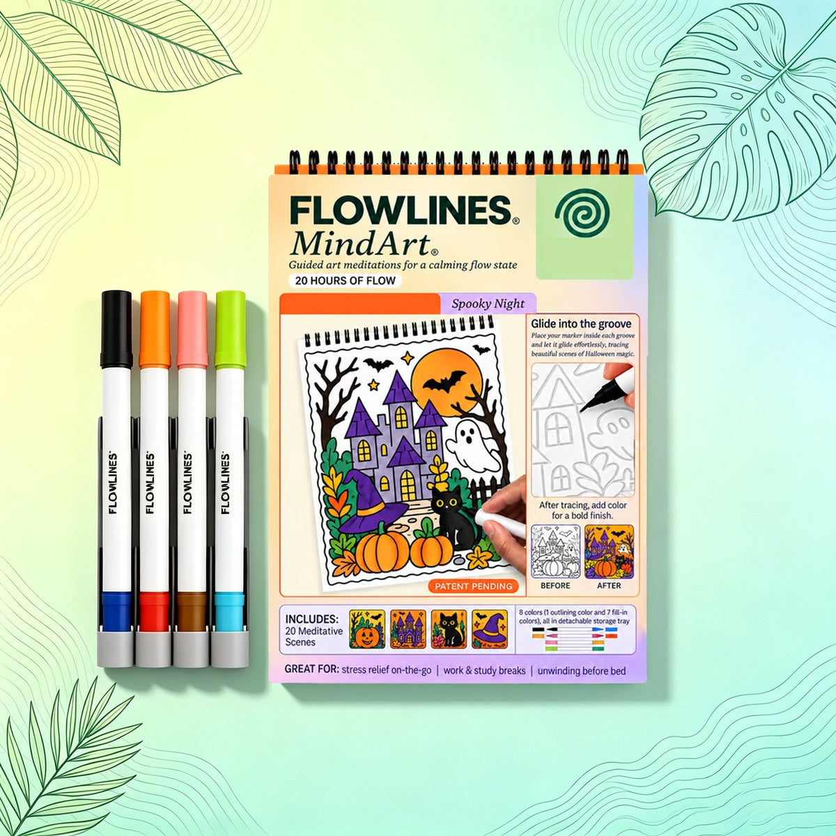 🌿  Cahier de coloriage « Flow Art » avec instructions et feutres double face 🎨
