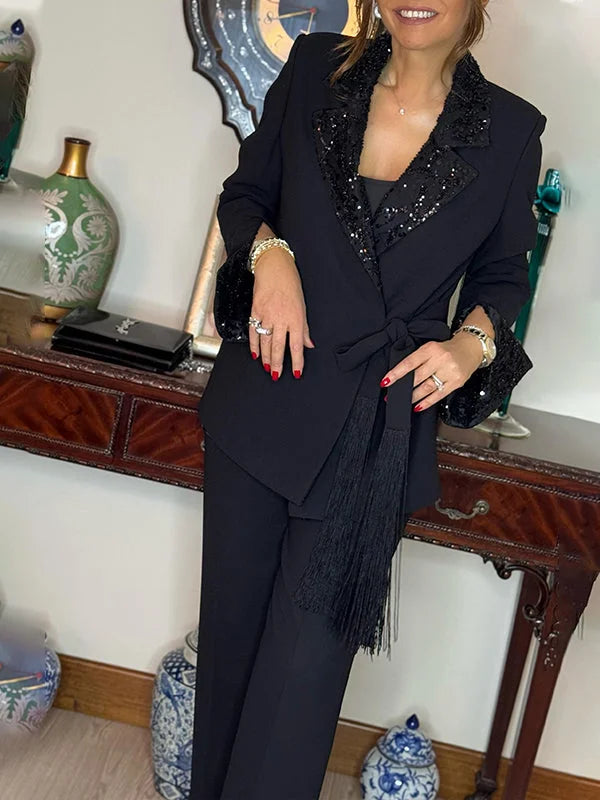 ✨🎅Offres de Noël – Pour une durée limitée seulement !⏰Élégant ensemble deux pièces composé d'une veste et d'un pantalon à sequins