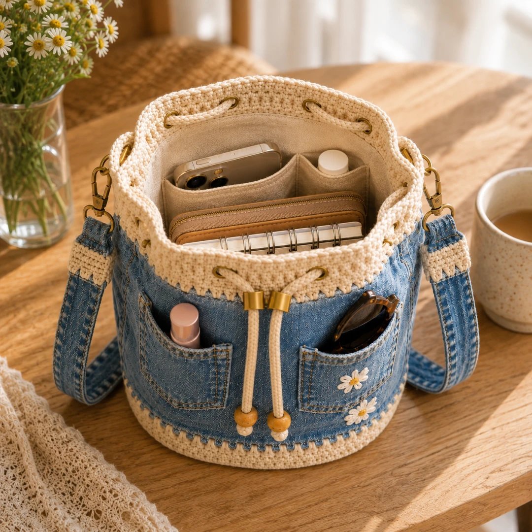 🔥PROMOTION EXCEPTIONNELLE : 50 % DE RÉDUCTION✨👜Sac seau en denim au crochet