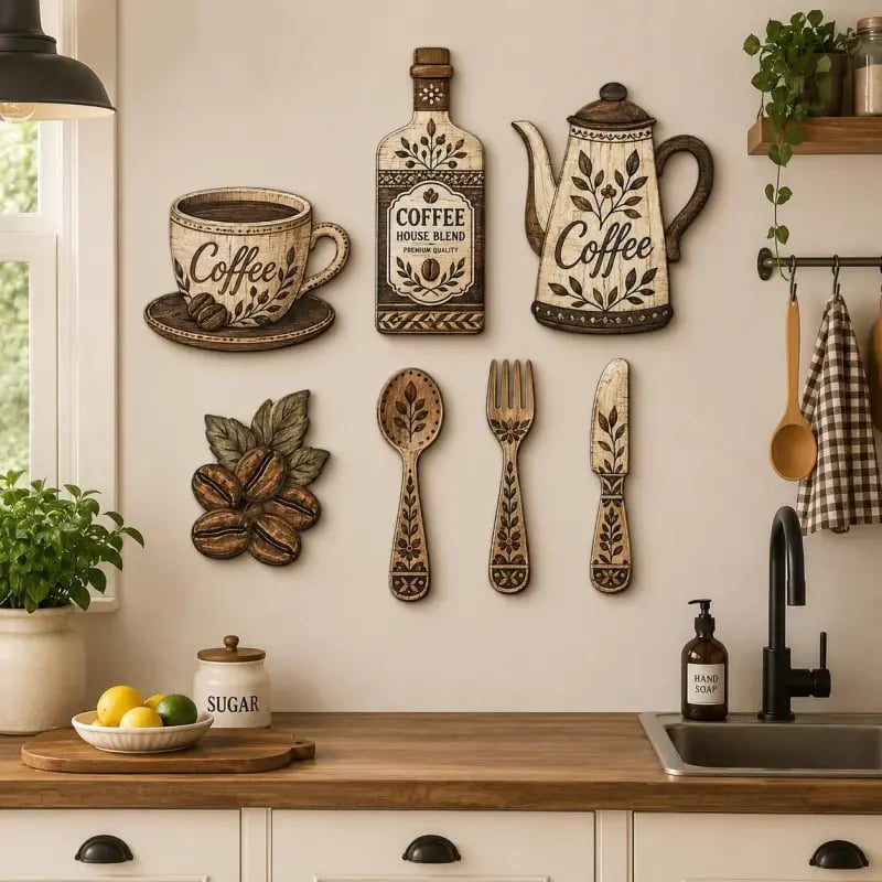 ☕Lot de 7 décorations murales en bois sur le thème du café pour la cuisine – Décor mural vintage de style fermier sur le thème du café