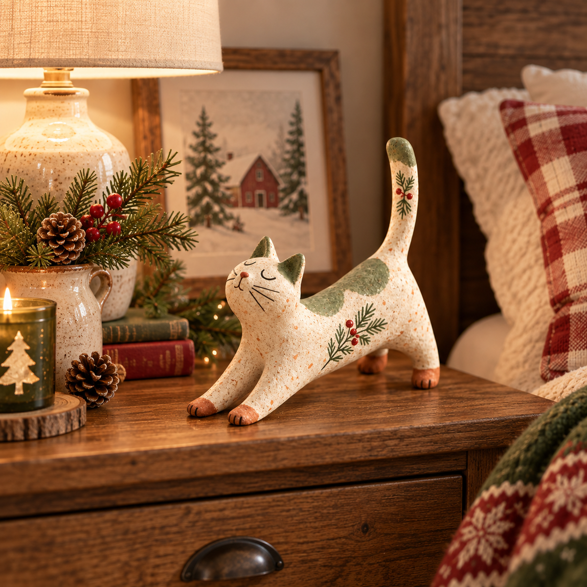 Figurine de chat de Noël sur le thème de la forêt