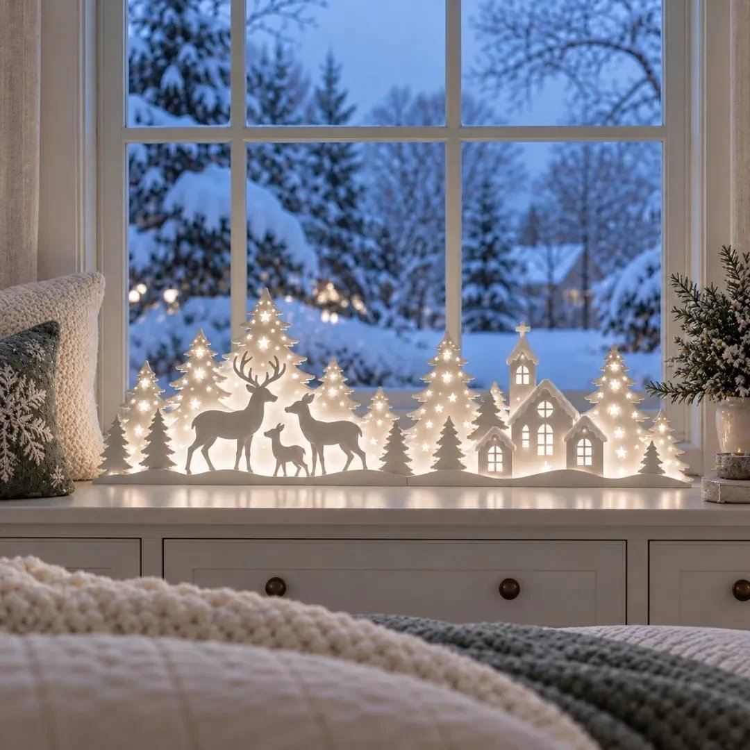 🦌 Décorations de Noël lumineuses pour la fenêtre – rennes et village | Lot de 2 décorations LED ✨