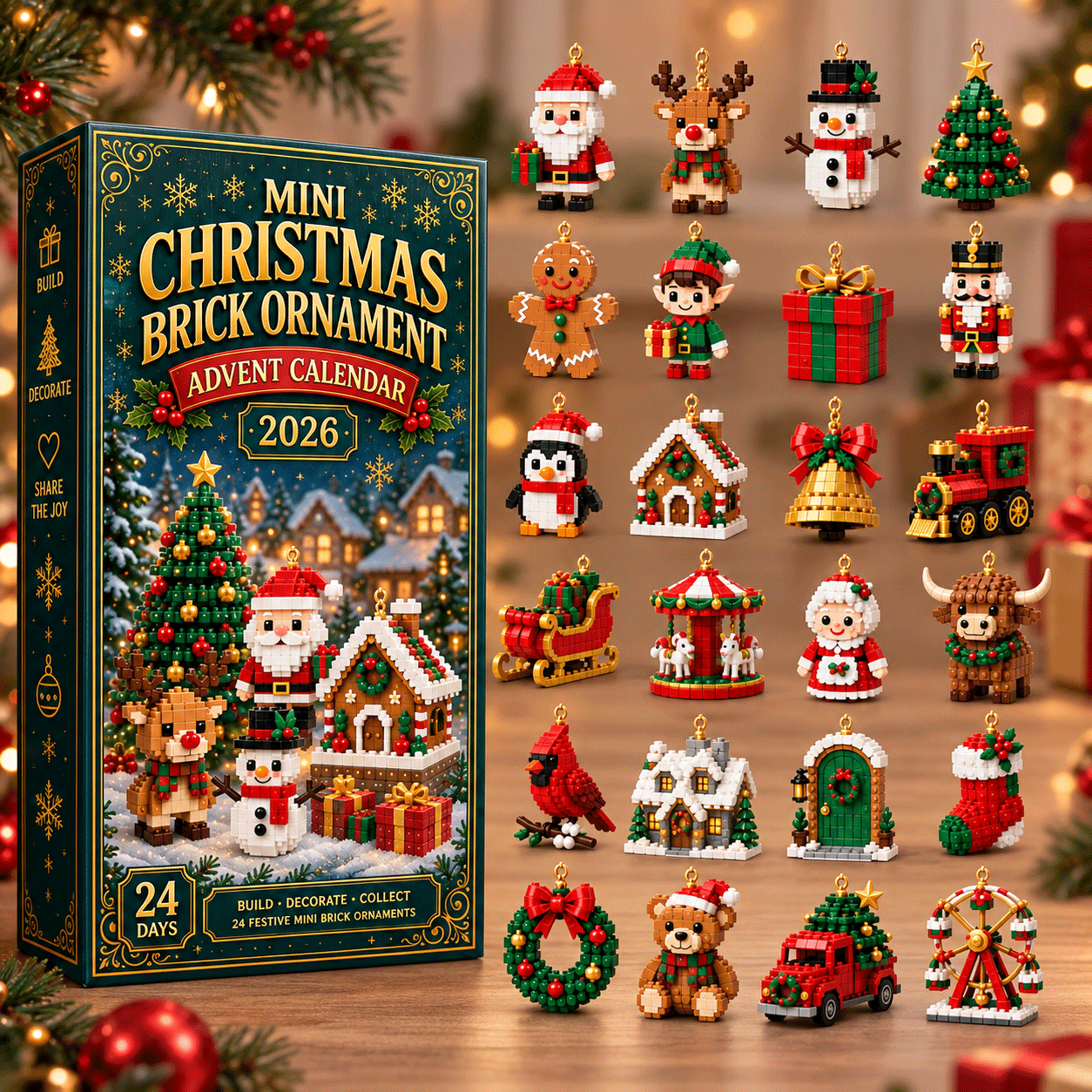 🎄Mini-calendrier de l'Avent de 24 jours avec des blocs de construction | 24 motifs de Noël uniques à assembler, avec des boucles de suspension pour les sapins de Noël, les guirlandes et les décorations de fête 🧱