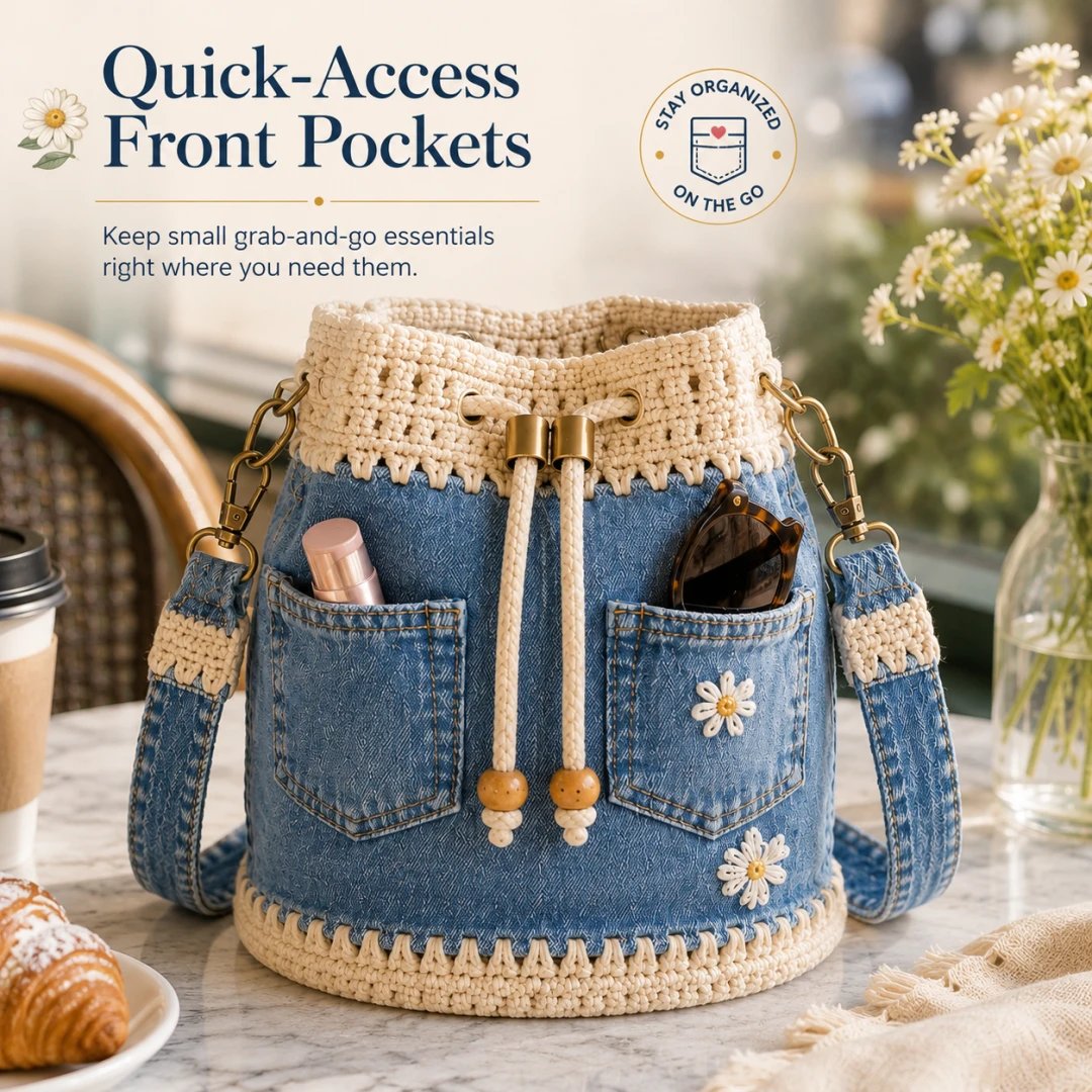 🔥PROMOTION EXCEPTIONNELLE : 50 % DE RÉDUCTION✨👜Sac seau en denim au crochet