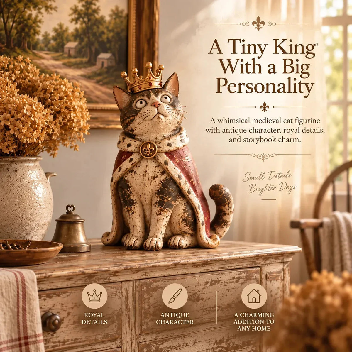 👑 Figurines « Medieval Cat Court » | 5 personnages royaux d'inspiration vintage pour les étagères, les cheminées et les collectionneurs de chats 🐈