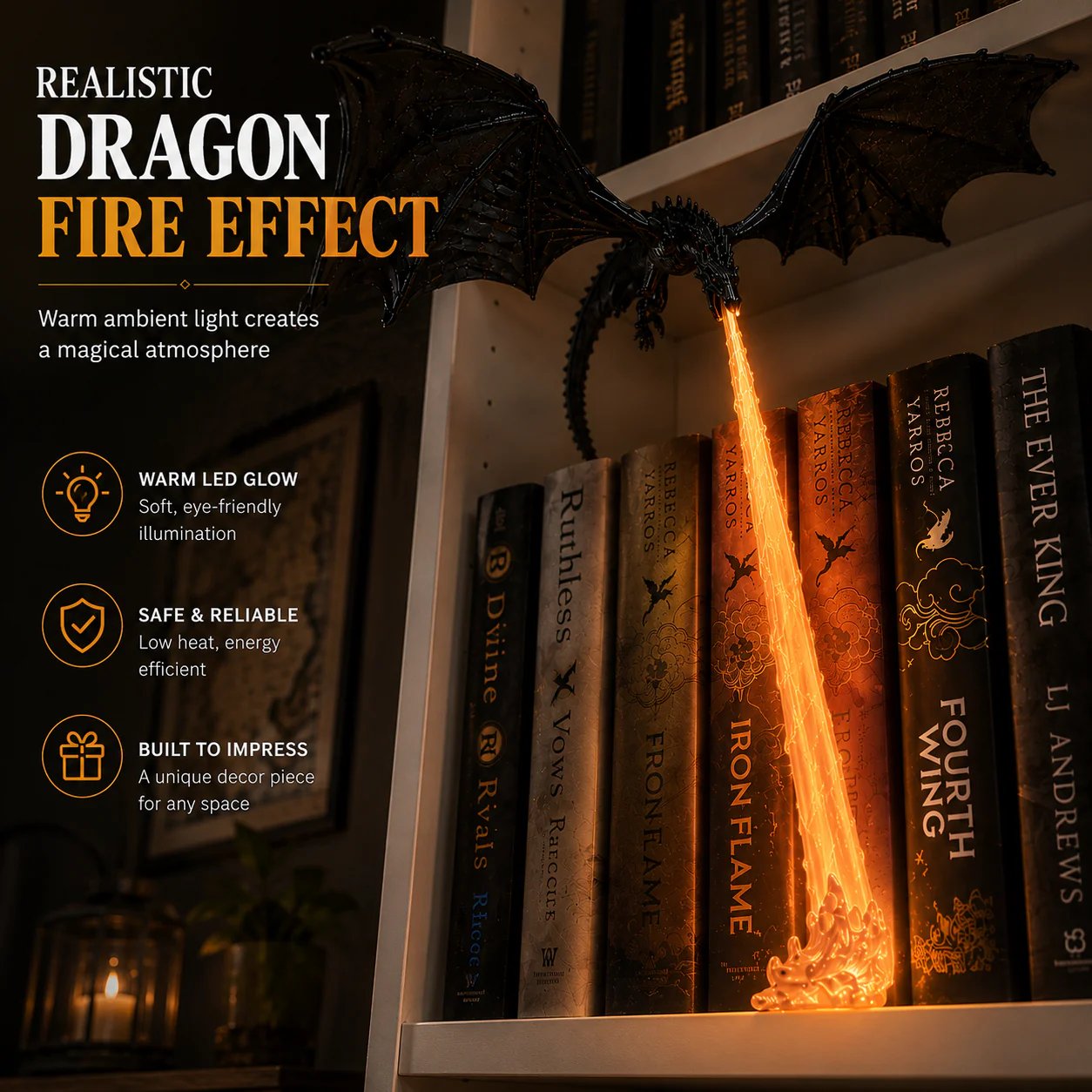 🐉Lampe décorative en forme de dragon cracheur de feu pour étagère + kit d'éclairage LED « flammes »