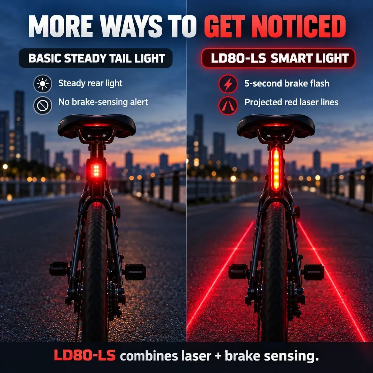 🚨 Feu arrière LED pour vélo avec clignotement activé par le frein | Zone de sécurité laser, autonomie de 22 heures (deux supports de fixation inclus)
