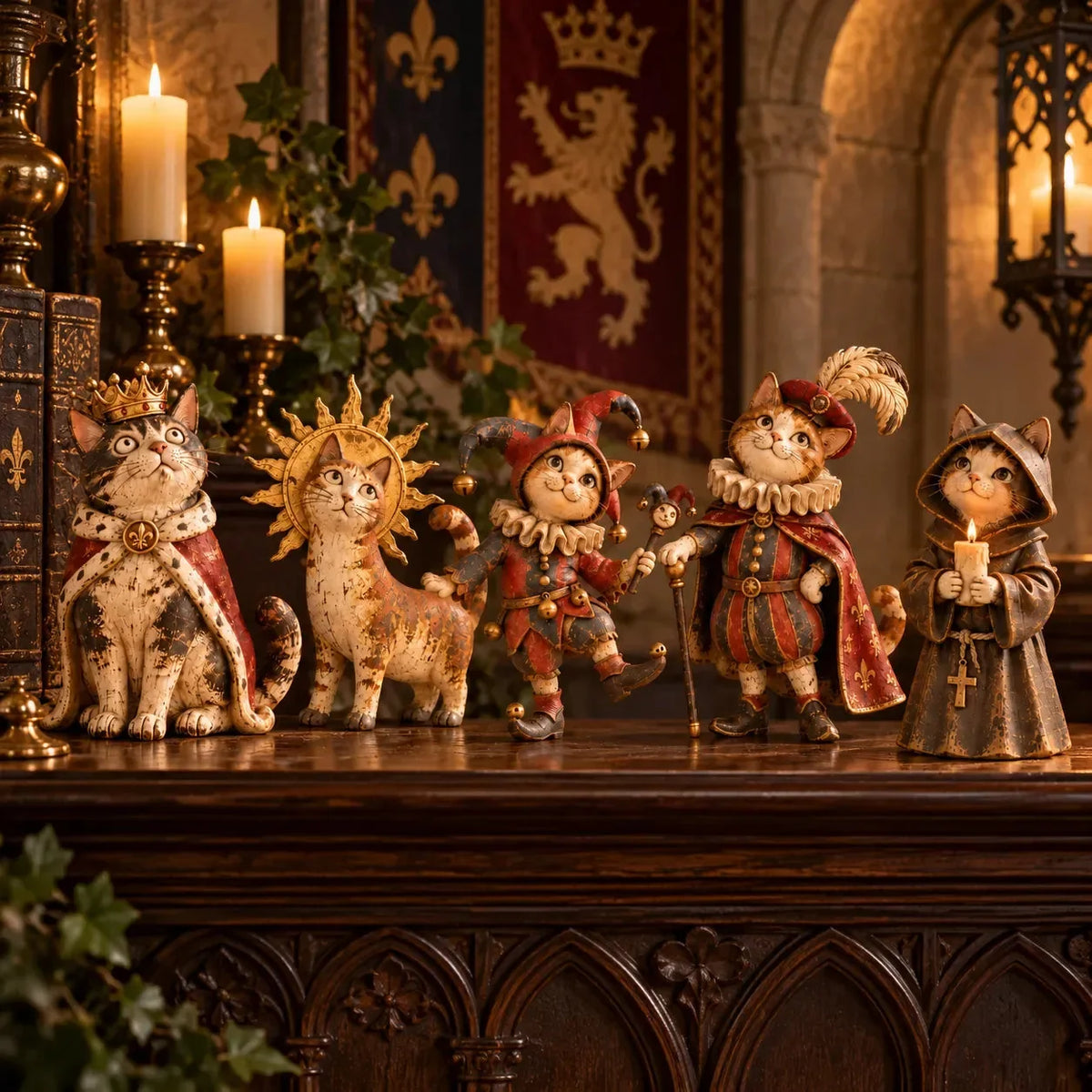 👑 Figurines « Medieval Cat Court » | 5 personnages royaux d'inspiration vintage pour les étagères, les cheminées et les collectionneurs de chats 🐈