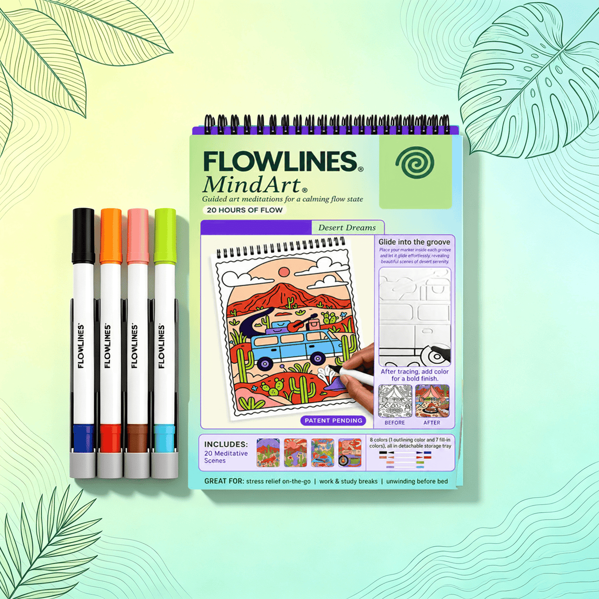🌿  Cahier de coloriage « Flow Art » avec instructions et feutres double face 🎨