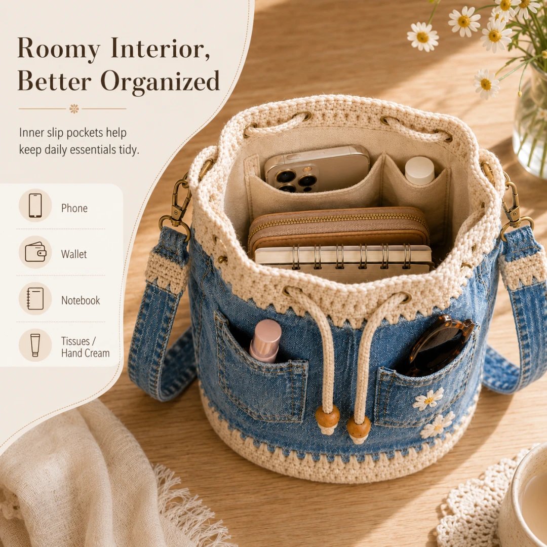 🔥PROMOTION EXCEPTIONNELLE : 50 % DE RÉDUCTION✨👜Sac seau en denim au crochet