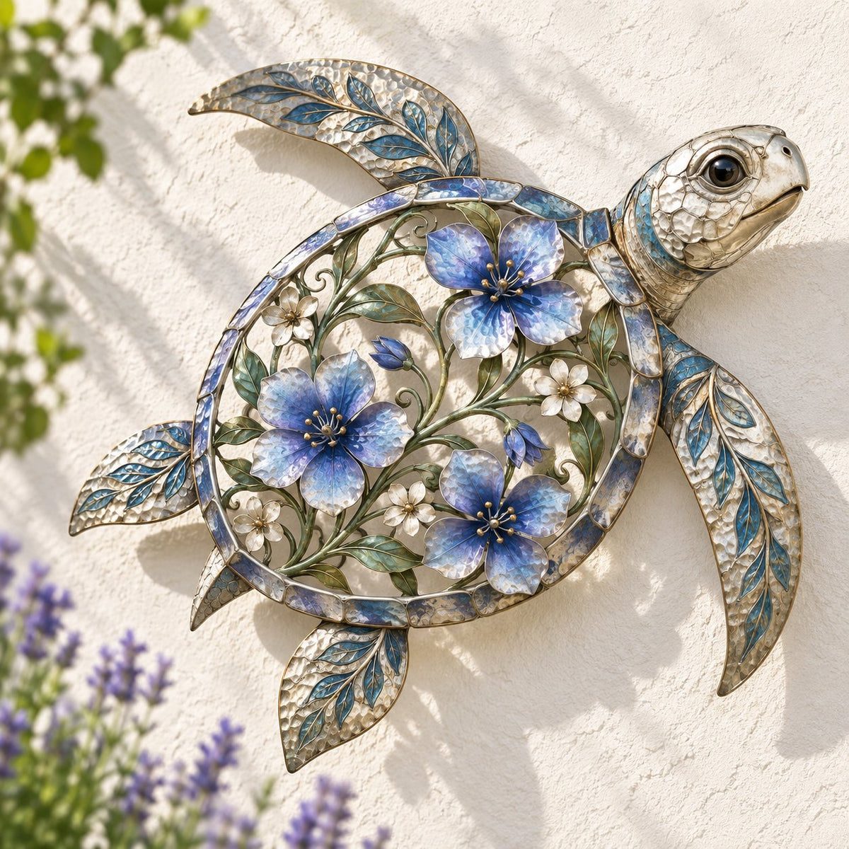 🐢 Sculpture murale « Tortue de mer » — Œuvre d'art côtier à motifs floraux émaillée, avec des écailles en métal texturé | Décoration sur le thème de l'océan pour l'intérieur et l'extérieur : véranda, terrasse et jardin