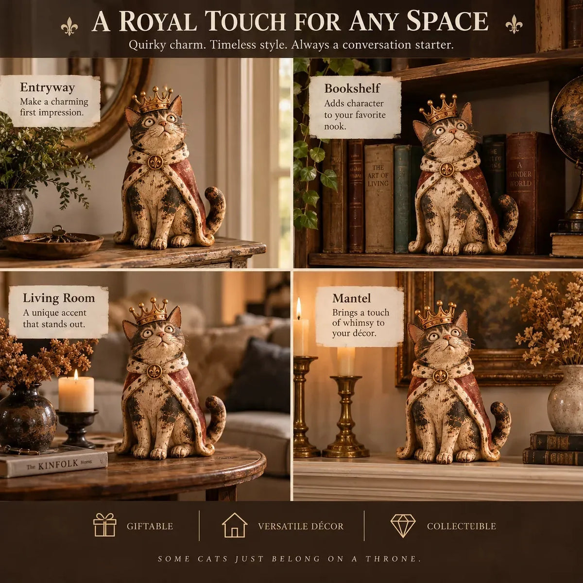 👑 Figurines « Medieval Cat Court » | 5 personnages royaux d'inspiration vintage pour les étagères, les cheminées et les collectionneurs de chats 🐈